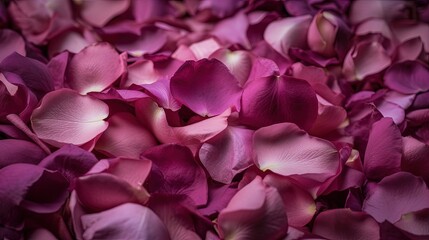 Fototapeta premium Romantic Pink Rose Petals and Lilac Flowers on Purple Background Generative AI