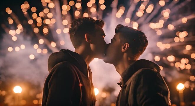 Couple of gay men kissing with fireworks.