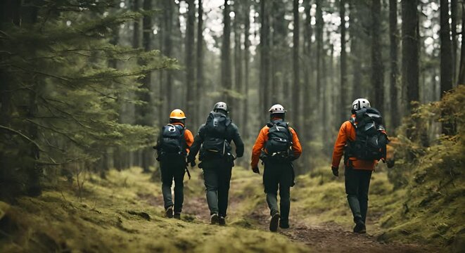 Group of rescuers in the forest.