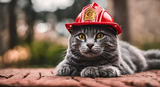Cat dressed as a firefighter.