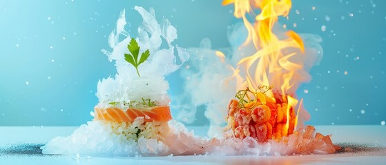 A stunning culinary performance using liquid nitrogen and fire, creating a dramatic contrast between ice and flame, and transforming the food into an art form.