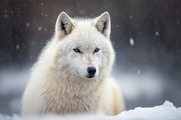 Obraz premium Majestic White Wolf in Snowy Landscape Generative AI