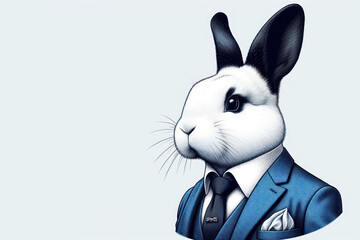 Rabbit in jacket and tie on a clean background. Space for text.