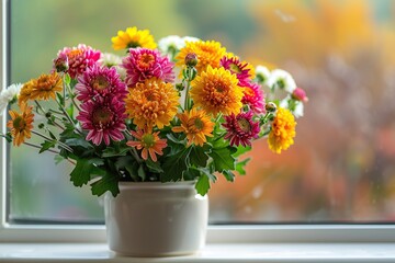 Fresh chrysanthemum flowers in pot on windowsill near the window