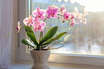 Fresh orchid flowers in pot on windowsill near the window