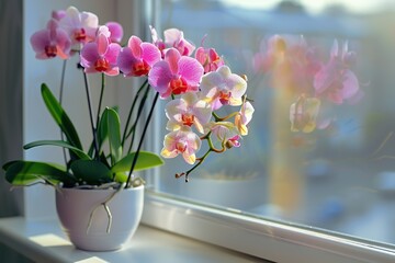 Fresh orchid flowers in pot on windowsill near the window