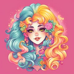 Vibrant Princess with Colorful Hair on T-Shirt Design Generative AI