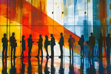 A group of business people standing in lines, engaged in conversation and discussing ideas with each other with abstract shapes and colors Generative AI - obrazy, fototapety, plakaty