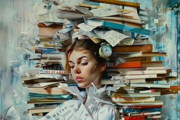 Tired woman overhelmed with chaos of papers and work