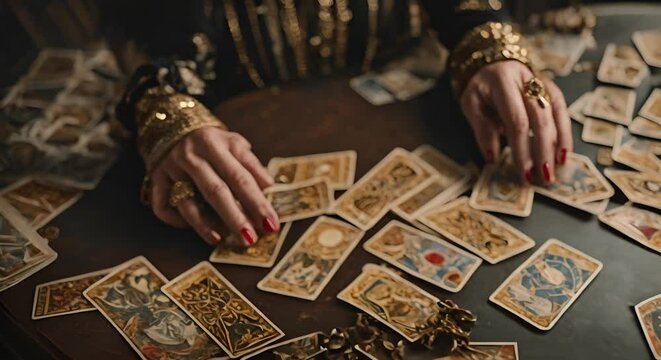 Tarot cards on a table.