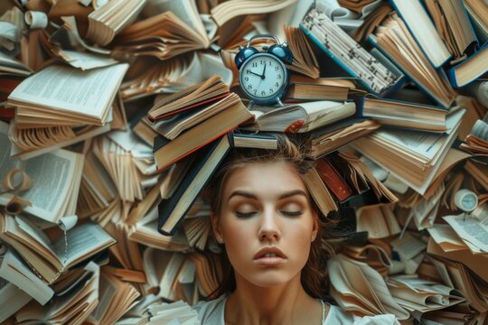 Tired woman overhelmed with chaos of papers and work