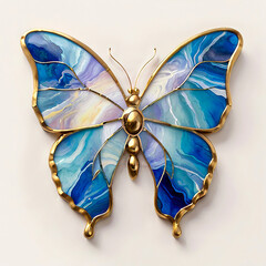 Stained glass watercolor marble blue butterfly on a white background.