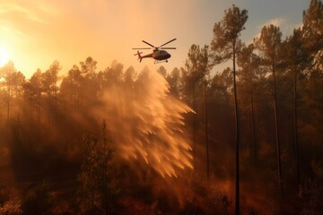 Fototapeta na wymiar Aerial Firefighting Helicopter Drops Water on Raging Forest Fire Generative AI