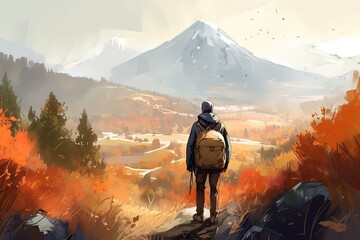 Breathtaking Autumn Landscape with Hiking Backpacker Generative AI - obrazy, fototapety, plakaty