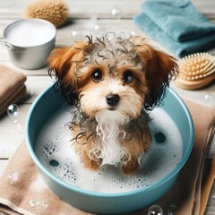 A small dog sits in soapy water in a bowl.