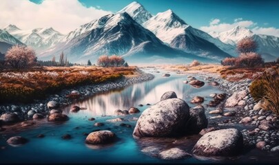 Serene Mountainside River Landscape Generative AI - obrazy, fototapety, plakaty