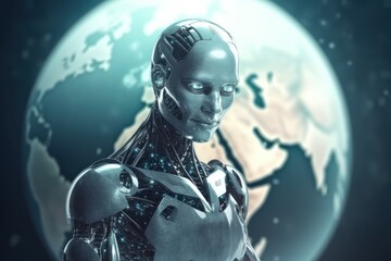 Artificial Intelligence Robot Monitoring Earth and Business Generative AI