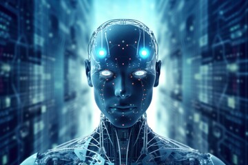 Futuristic Robot Controlling Global Technological System Generative AI - obrazy, fototapety, plakaty