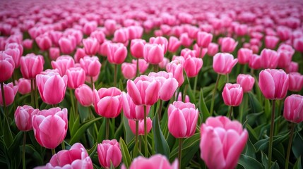 Fototapeta premium A breathtaking view of a vast field filled with vibrant pink tulips in spring, creating a romantic and picturesque landscape