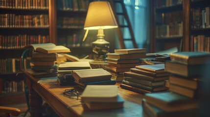 Several stacked books on a classic wooden table with a reading lamp, in a library full of bookshelves