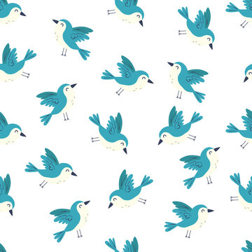 Cute birds on a seamless background. Creative print for fabric, children's room. Children's drawing in flat style. Template for textile, wallpaper, packaging, cover