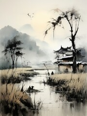 Traditional Chinese village, river, fog