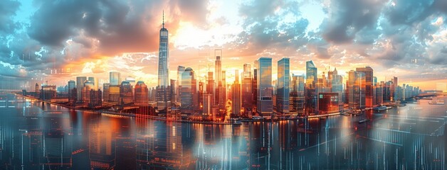 City skyline, skyscrapers and clouds reflected in water at sunset