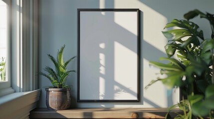 Single vertical ISO A1 frame mockup, reflective glass, mockup poster on the floor of living room. Interior mockup. Apartment background. Modern interior design. 3D render