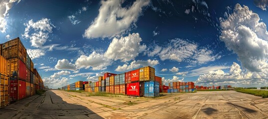 Cargo container for overseas shipping on high stack look up from ground . Logistics supply chain management and international goods export concept. AI generated illustration - obrazy, fototapety, plakaty