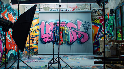 A dynamic street fashion photography setup, with a backdrop of graffiti art and urban textures....