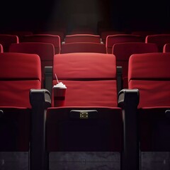 Interior of an empty movie theater with rows of red seats with cup holders and popcorn. Entertainment concept. 3d rendering of a rendered image