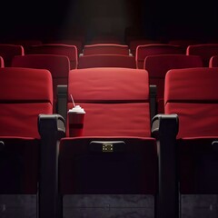 Obraz premium Interior of an empty movie theater with rows of red seats with cup holders and popcorn. Entertainment concept. 3d rendering of a rendered image