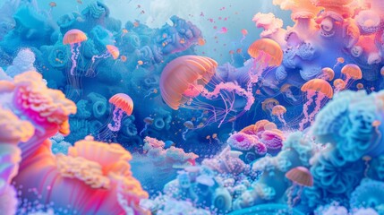 Fototapeta na wymiar Underwater world, fish, wave background, jellyfish.
