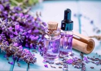 Glass bottle of lavender essential oil with fresh lavender flowers and dried lavender seeds on rustic table, aromatherapy spa massage concept. Lavender Oleum