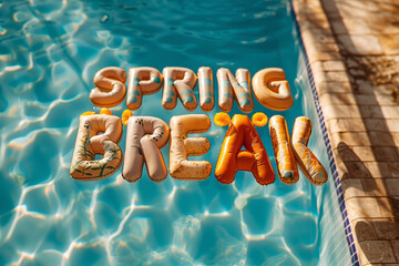 Spring break word spelled out in inflatable pool floats in a summer holiday swimming pool