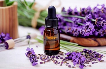 Fototapeta na wymiar Glass bottle of lavender essential oil with fresh lavender flowers and dried lavender seeds on rustic table, aromatherapy spa massage concept. Lavender Oleum