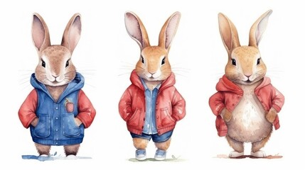 Cute Watercolor Rabbits in Colorful Jackets Generative AI