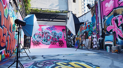 A dynamic street fashion photography setup, with a backdrop of graffiti art and urban textures. 32k, full ultra hd, high resolution