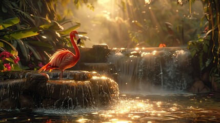A flamingo wades in the water near a waterfall - obrazy, fototapety, plakaty