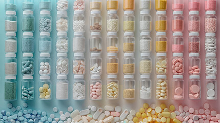 Background with a lot of pills and capsules in bottles. Medicine concept.