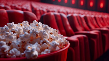 Interior of an empty movie theater with rows of red seats with cup holders and popcorn. Entertainment concept. 3d rendering of a rendered image - Powered by Adobe