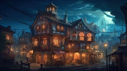 Naklejka premium Fairy Tale Town at Night - Concept Art for Video Game Generative AI