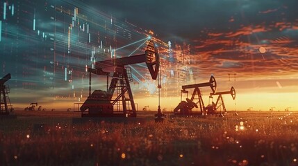 Rise in gasoline prices concept with double exposure of digital screen with financial chart graphs and oil pumps on field