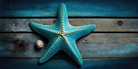 Small Sea Star on Blue Wooden Table - Top View Generative AI - obrazy, fototapety, plakaty