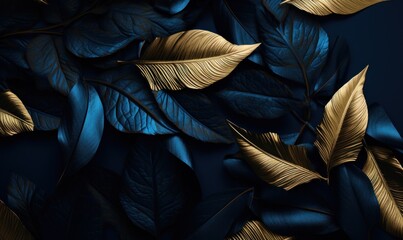 Blue and Gold Leaves on Black Background - Realistic Pastiche Generative AI