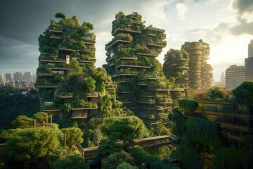 Naklejka premium City with Vertical Forest Concept Generative AI