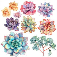 Adorable watercolor clipart set including succulents, single flowers, and elements in delicate pastel shades on a white background. Great for crafting botanical designs and decorative elements.