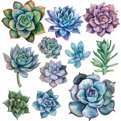 Versatile watercolor clipart set featuring a pack of succulents, single flowers, and elements in gentle pastel colors. Perfect for enhancing invitations, cards, and botanical-themed projects.