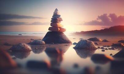 Stones Pyramid on the Seashore at Sunset Generative AI