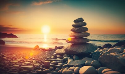 Fototapeta na wymiar Stones Pyramid on the Seashore at Sunset Generative AI